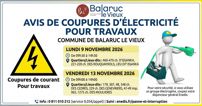 Avis de coupures d'électricité pour travaux 9 et 13 Novembre
